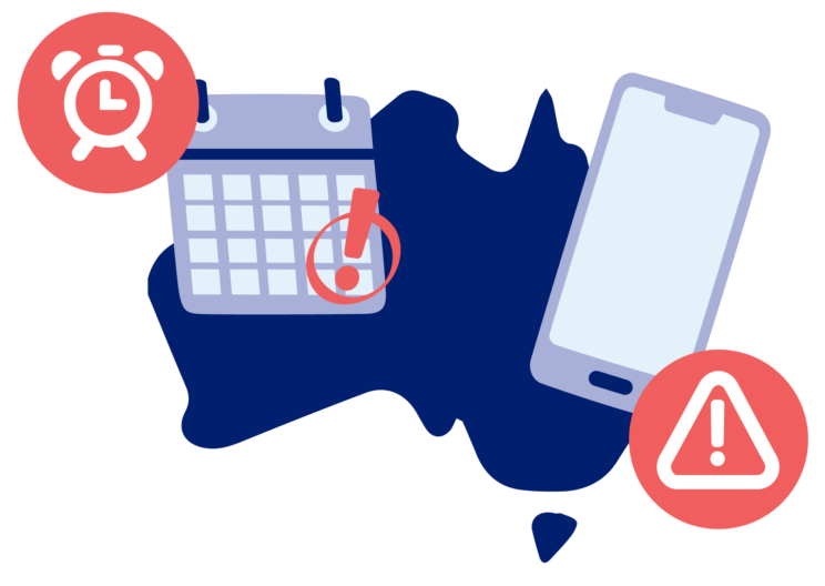 3G shutdown: Australian map, calendar, and mobile phone showing alarm and alert symbols