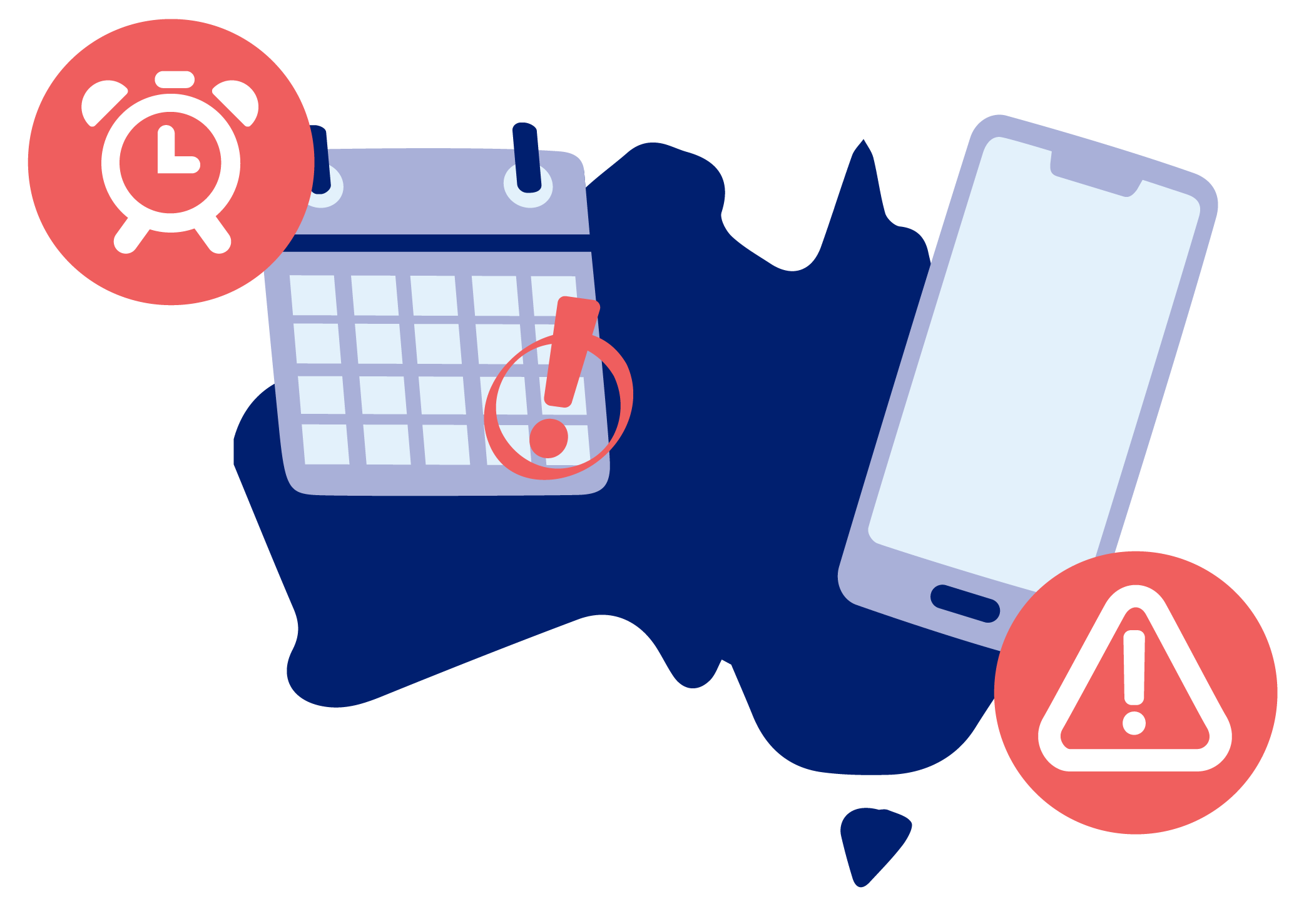 3G shutdown: Australian map, calendar, and mobile phone showing alarm and alert symbols